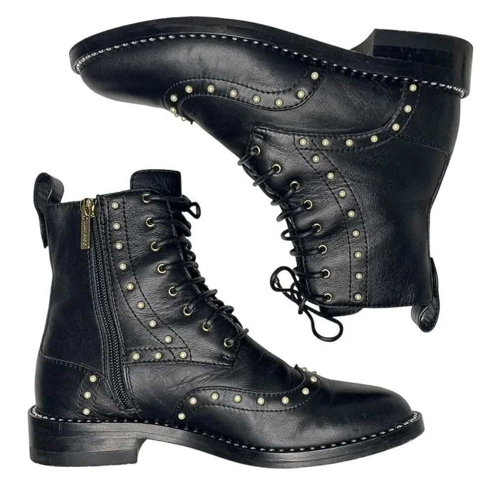 Jimmy Choo Hannah Faux Pearl-embellished Leather Motto Combat Ankle Boot EU 36.5